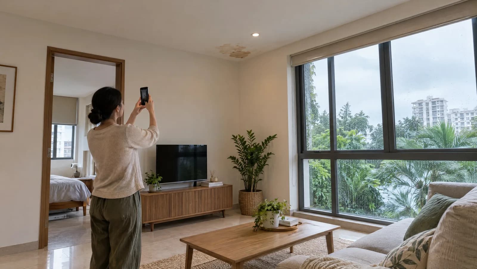 Homeowner photographing a ceiling stain beside an upstairs window after rain.