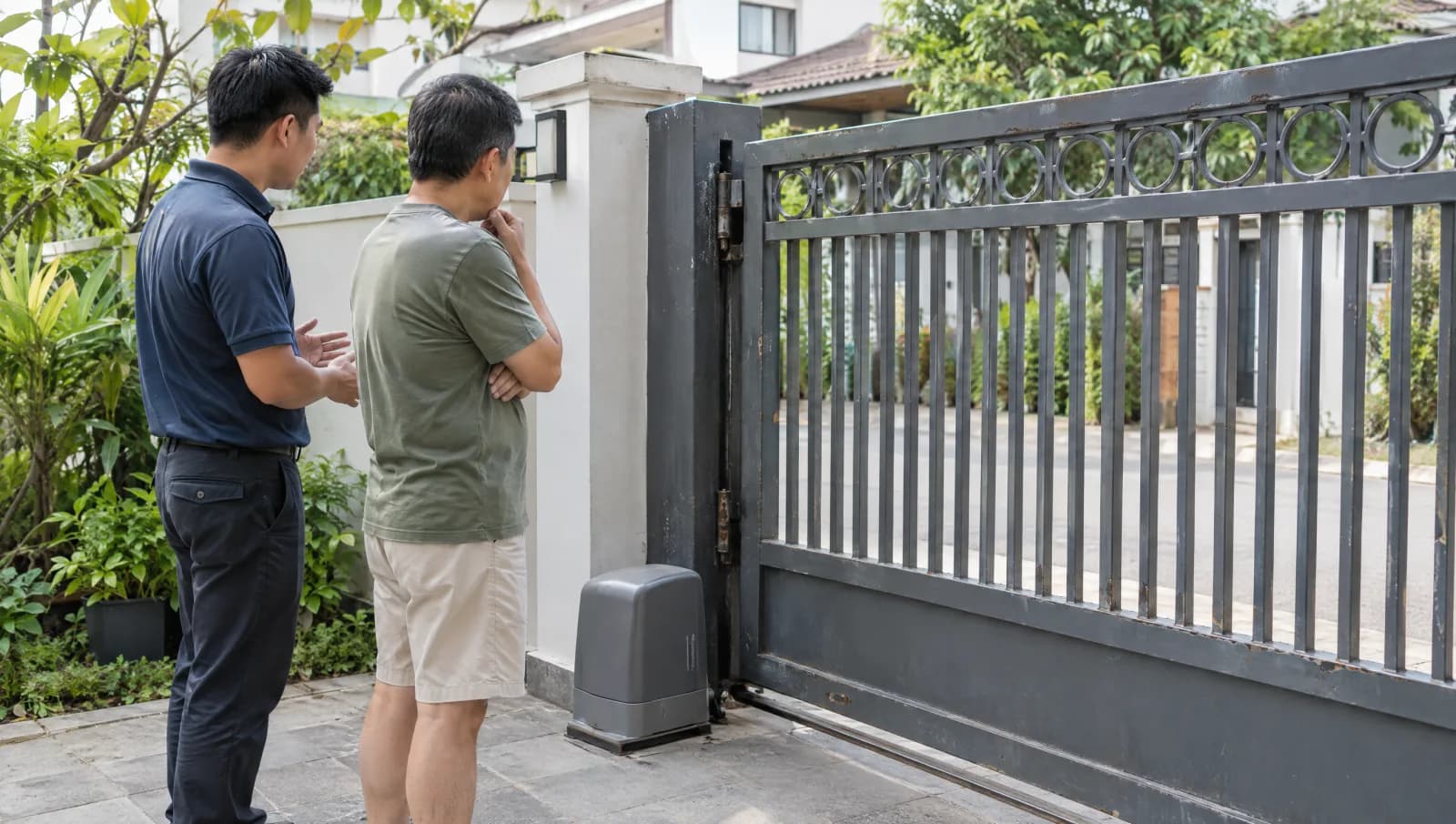 Professional assessing a retained driveway gate and its closed operator before an upgrade.
