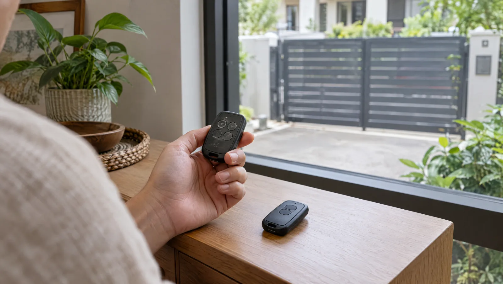 Two gate remotes being compared indoors with the closed driveway gate in the background.