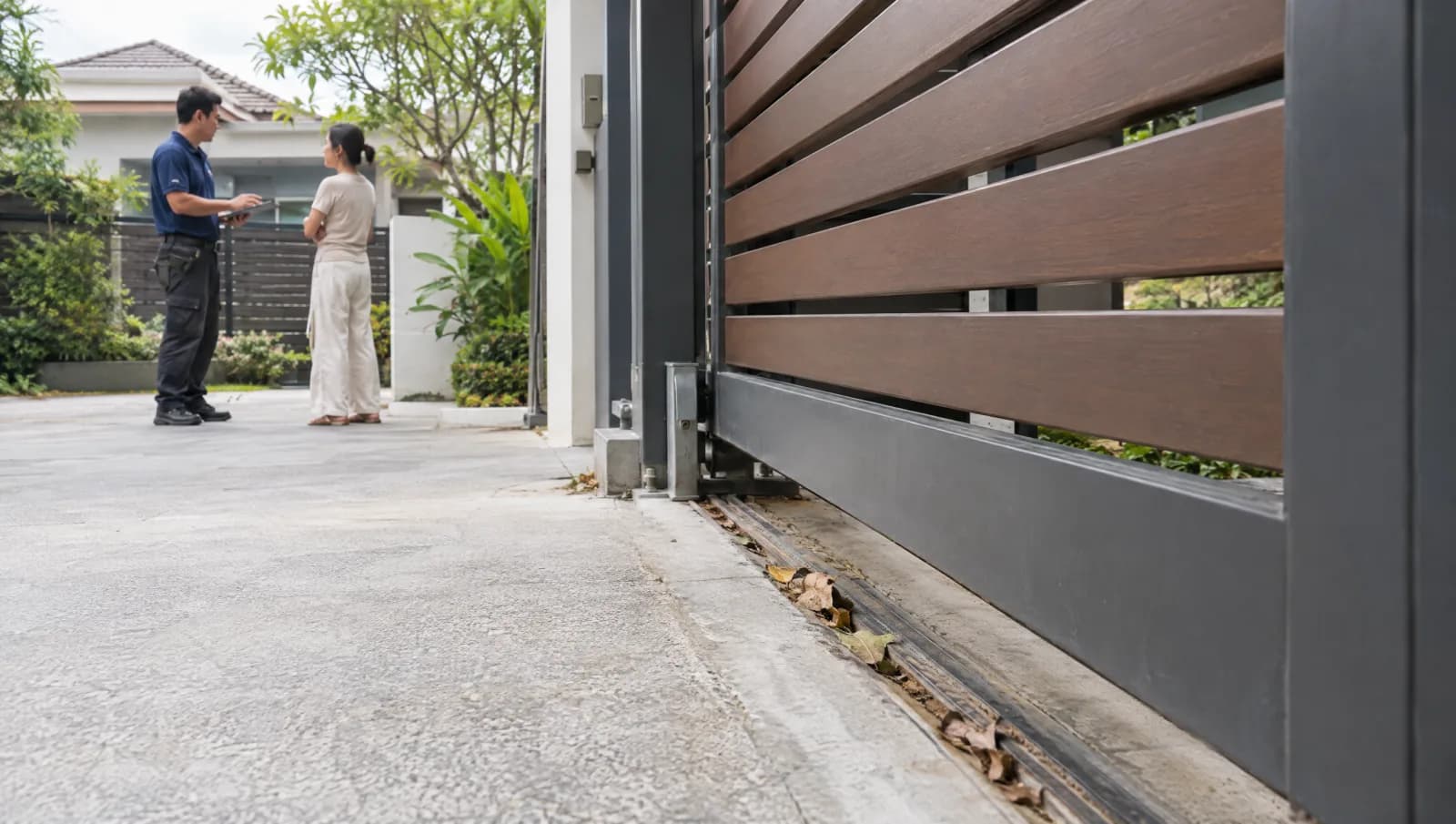 Technician and homeowner observing a stationary sliding gate and its worn track from clear of the mechanism.