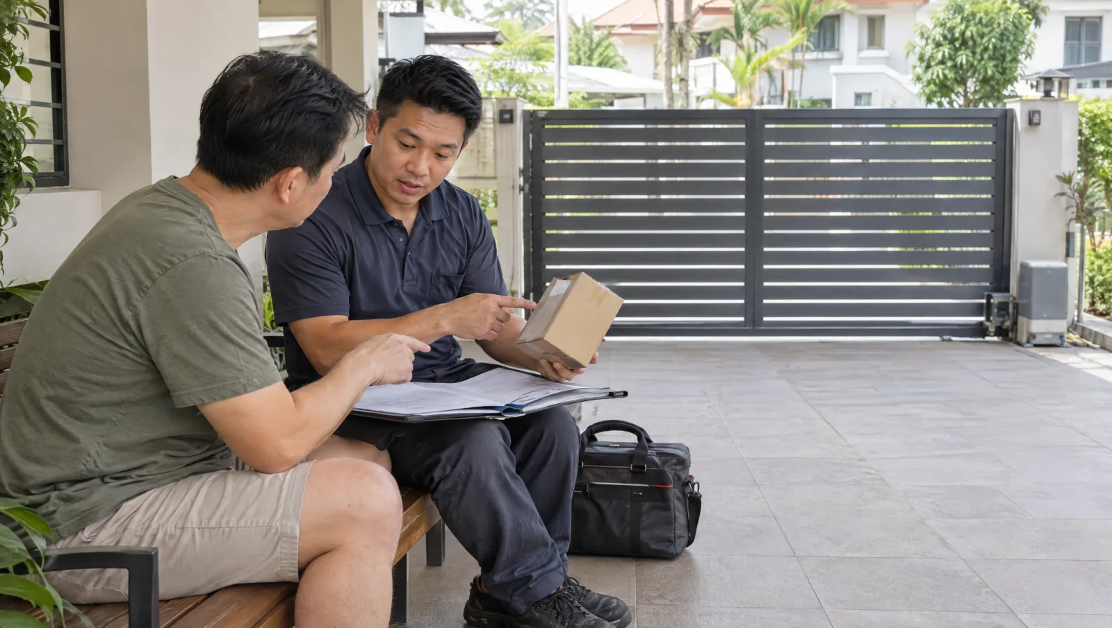 Homeowner discussing a gate repair scope with a technician beside the existing entrance.
