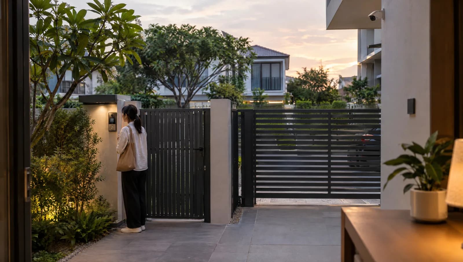 Visitor using a gate intercom with a separate camera overlooking the driveway approach.