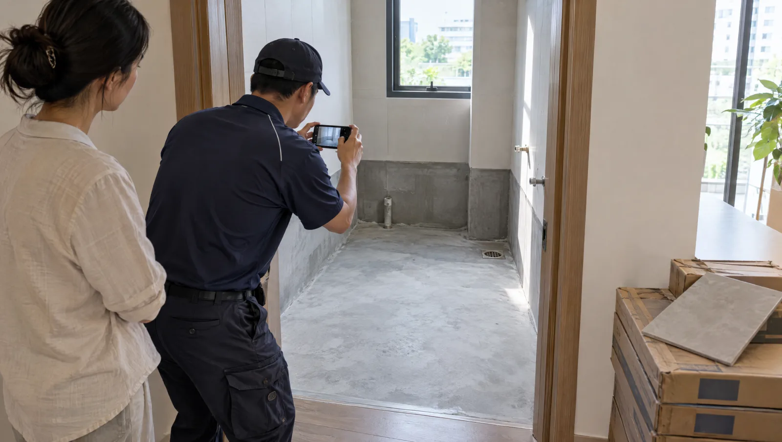 Professional documenting a prepared bathroom before waterproofing work is concealed by tiles.