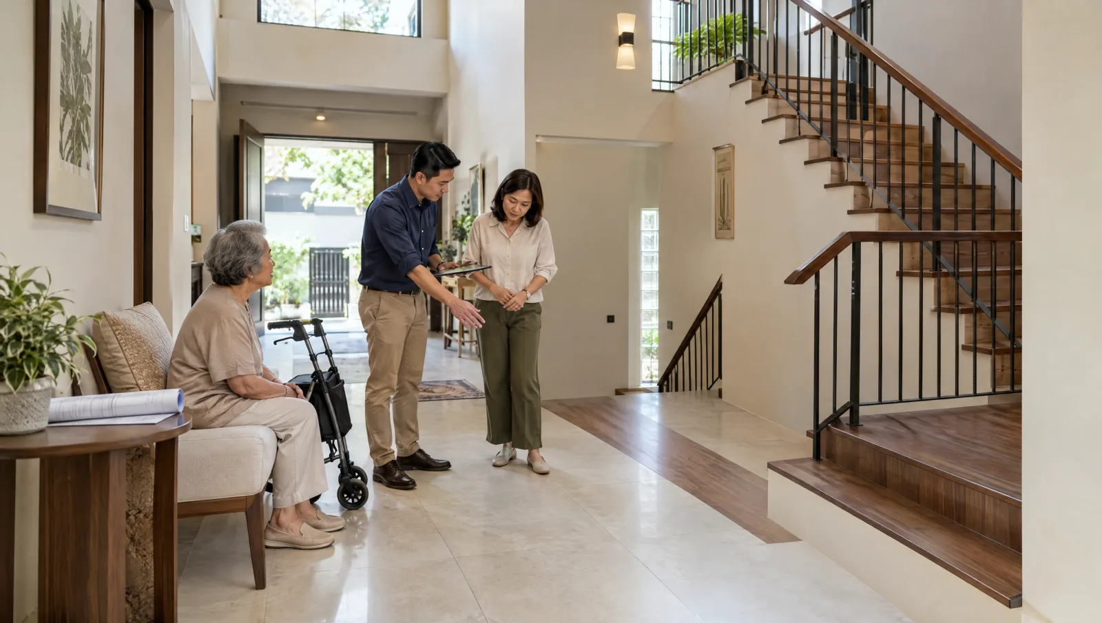 Family and consultant reviewing a proposed home-lift approach with an older resident and walking aid.