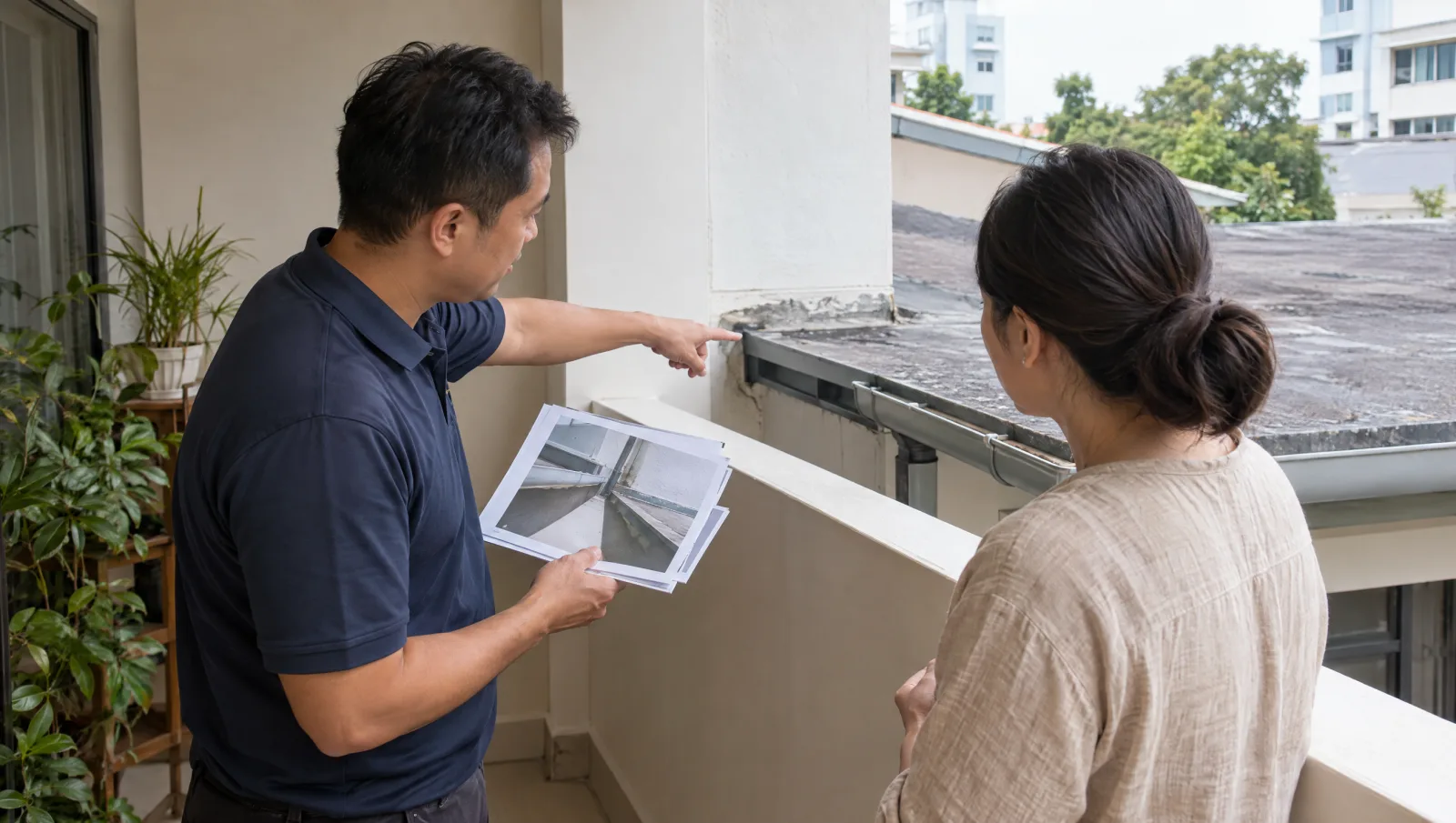 Roofing professional discussing inspection photographs from a protected balcony beside the roof junction.
