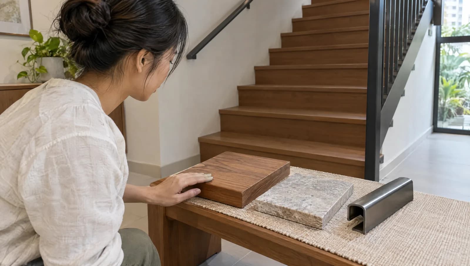 Timber, stone and handrail samples being reviewed beside a fully guarded staircase.