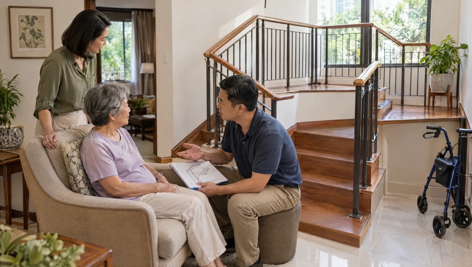 Older resident discussing a staircase and mobility needs with a specialist and family member.