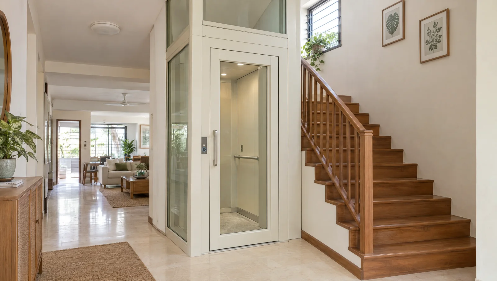 Compact enclosed home lift beside an existing timber staircase with a clear landing.