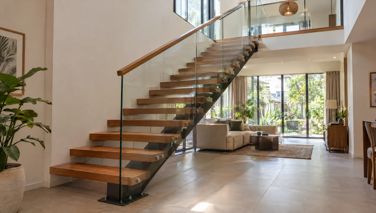 Timber floating stairs on a visible steel mono-stringer in a bright landed home.