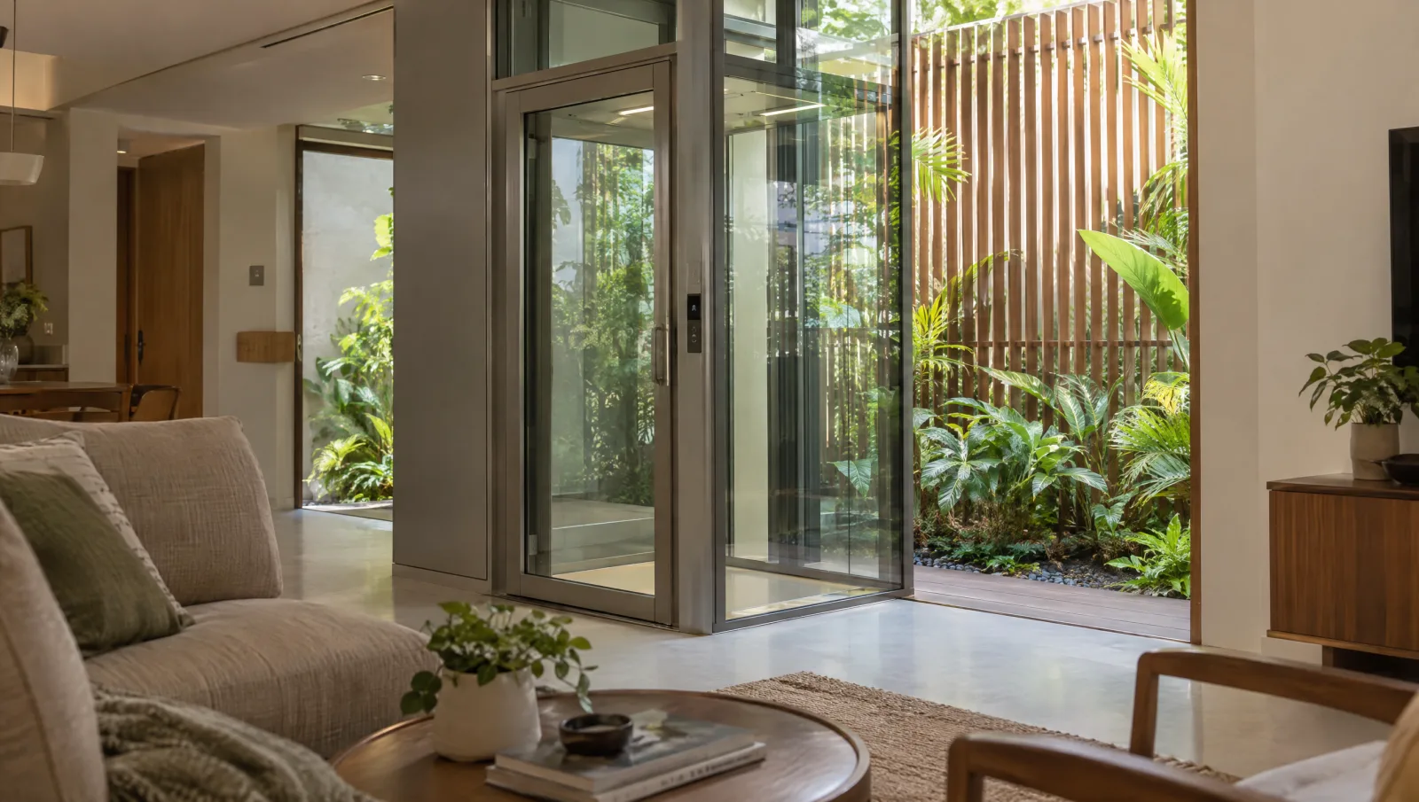Glazed home lift preserving a living-room view into a shaded courtyard.