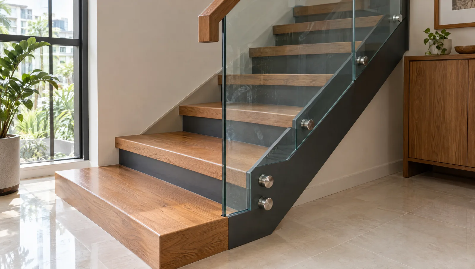 Detail of timber treads, glass guarding and a steel support on one staircase.