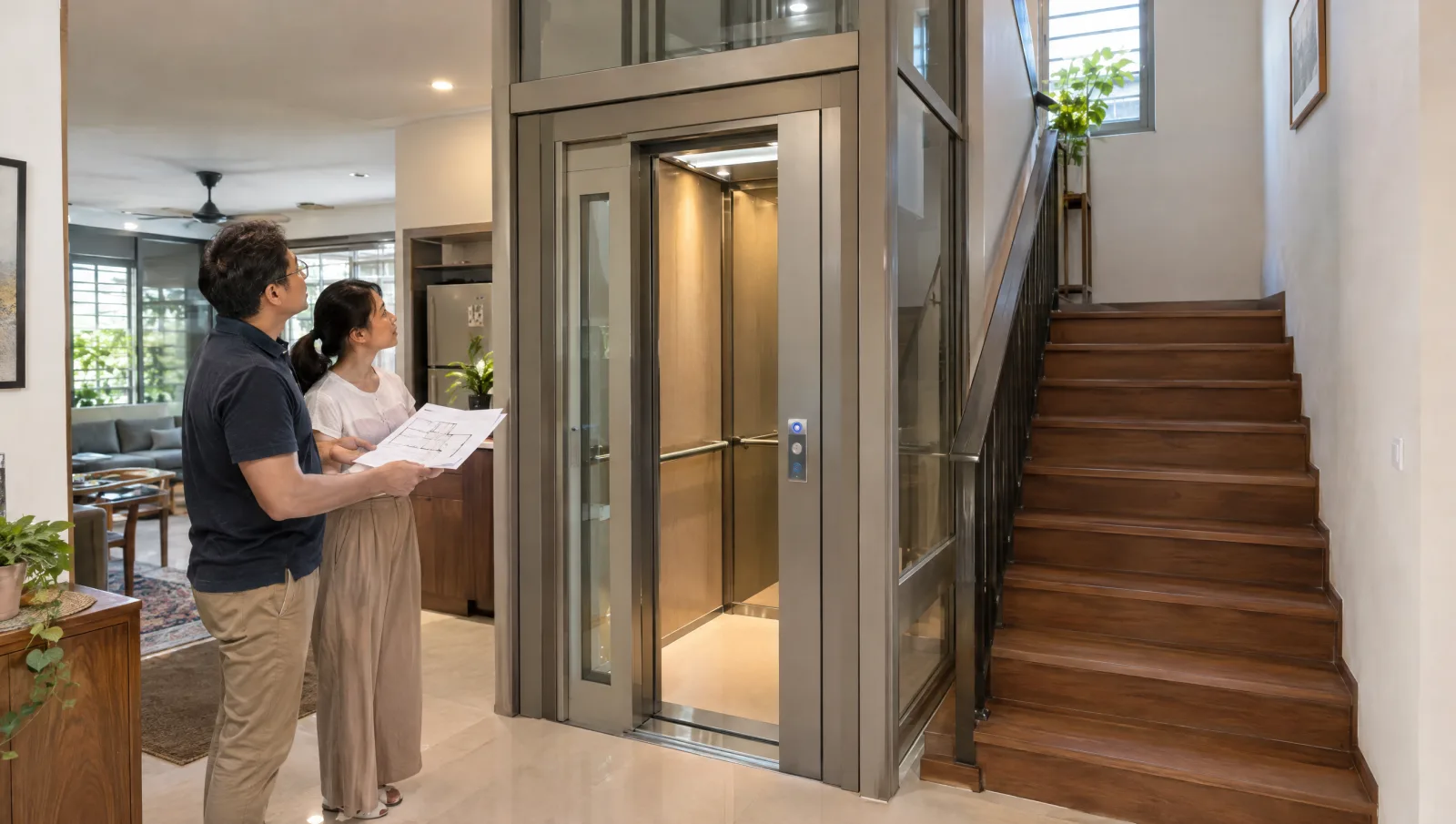 Homeowner and adviser reviewing a lift landing and its surrounding building work.