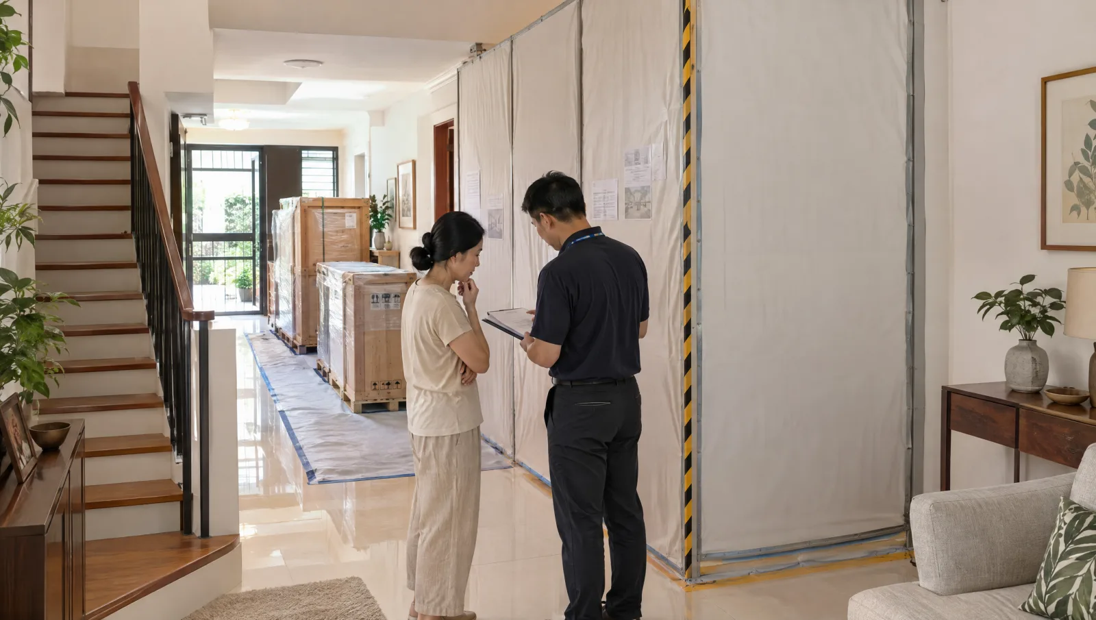 Protected lift work area and wrapped equipment inside an occupied landed home.