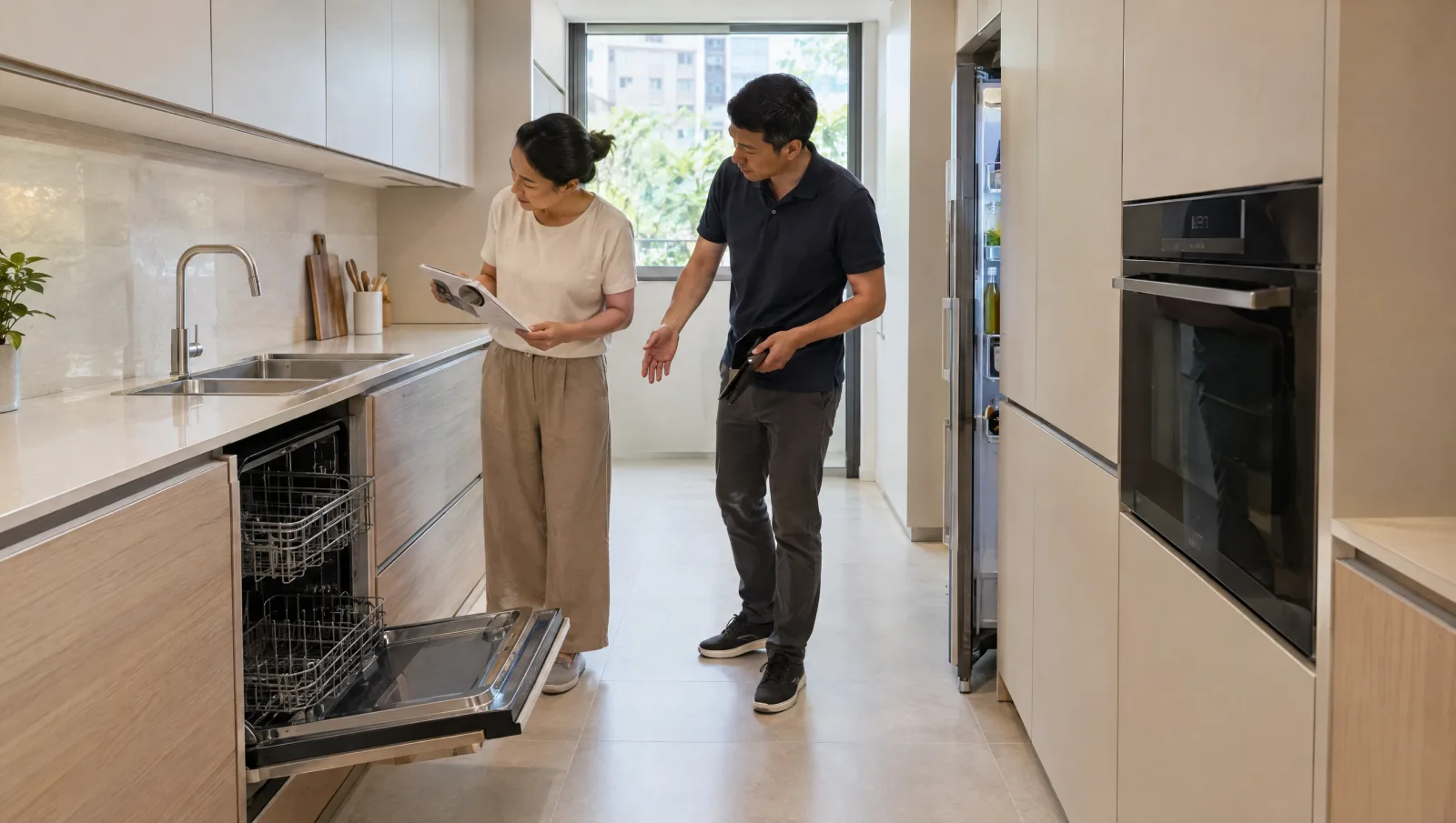 Kitchen appliance layout reviewed with dishwasher and refrigerator doors open.