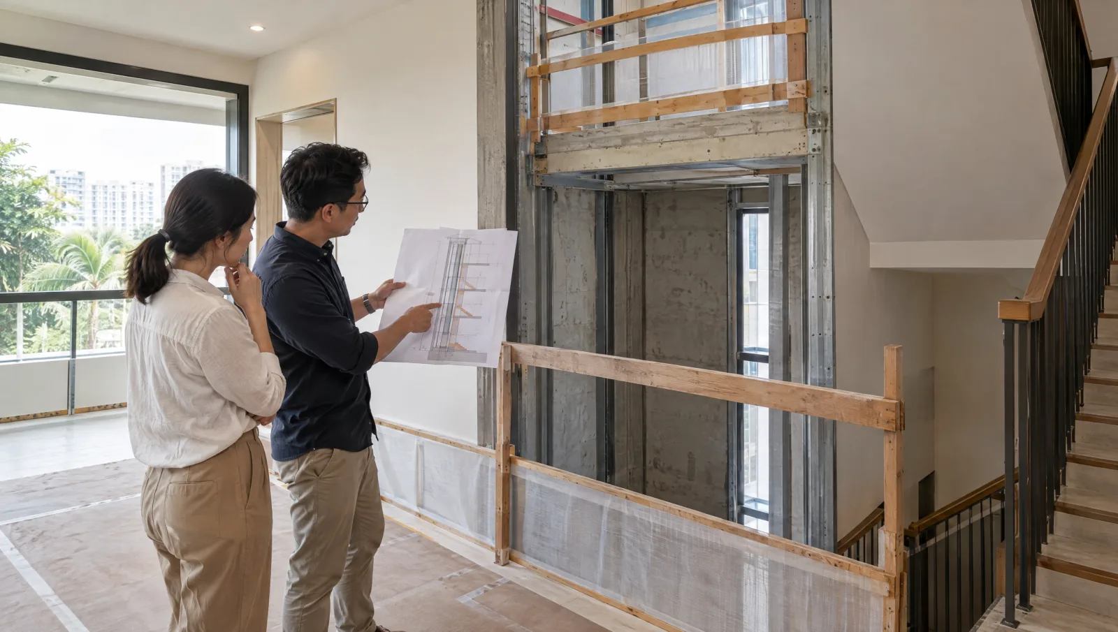 Architect and homeowner reviewing a guarded future lift bay during renovation.