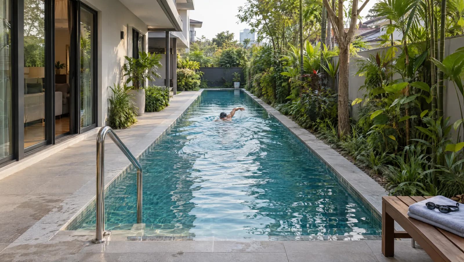 Adult swimming lengths in a long residential side-garden pool.