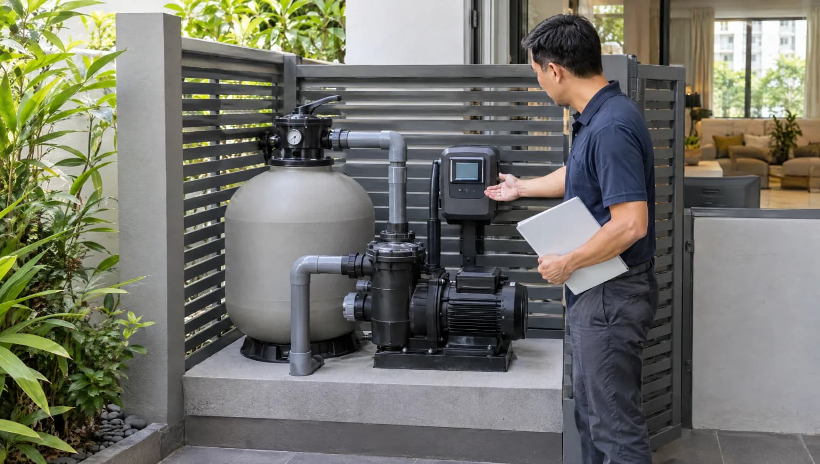 Technician reviewing a pool pump's external controller beside connected filtration equipment.