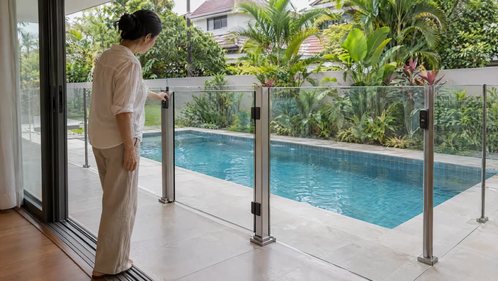 Closed pool gate and continuous glass barrier on the route from the house to the garden.