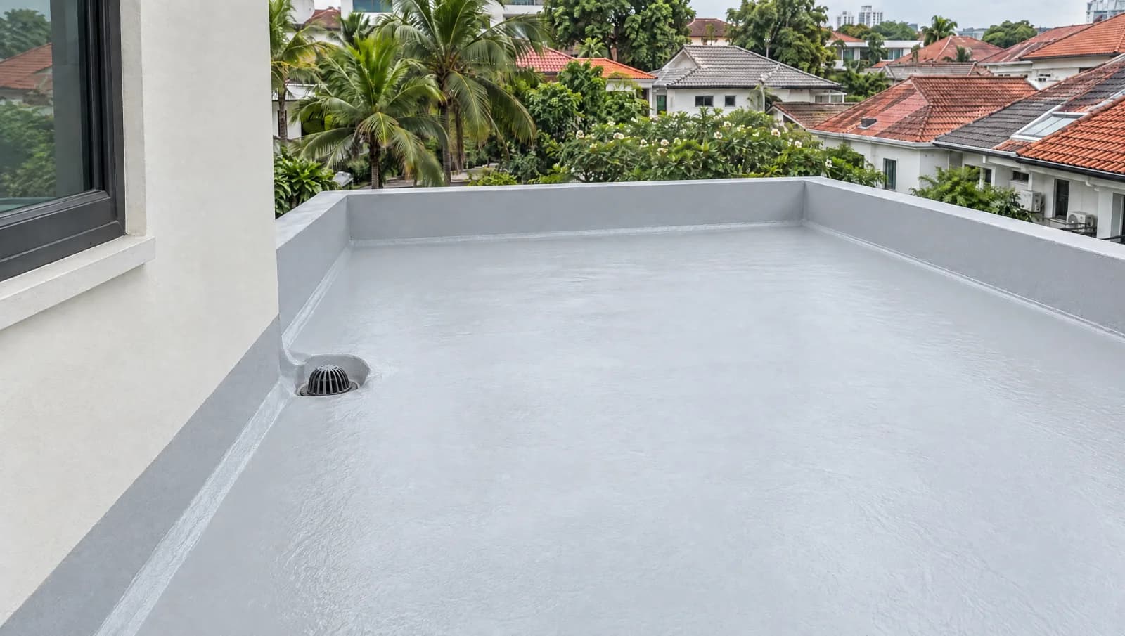 Fresh waterproofed flat roof with parapet junctions and a covered drain on a Singapore landed house.