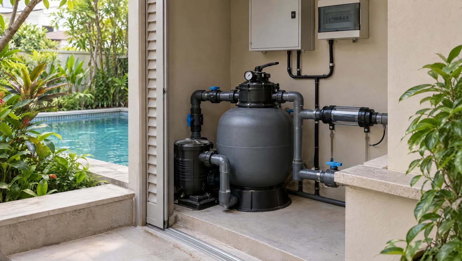 Pool equipment niche with a generic salt cell and a closed water-testing case.
