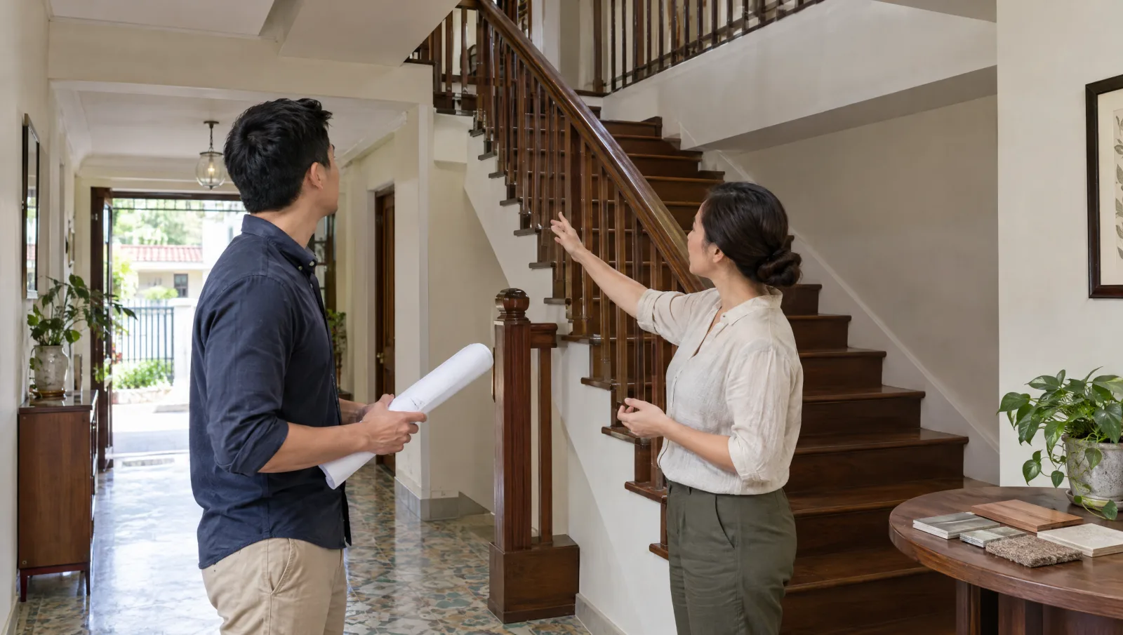 Homeowner and designer reviewing an intact staircase and its guarded upper opening.