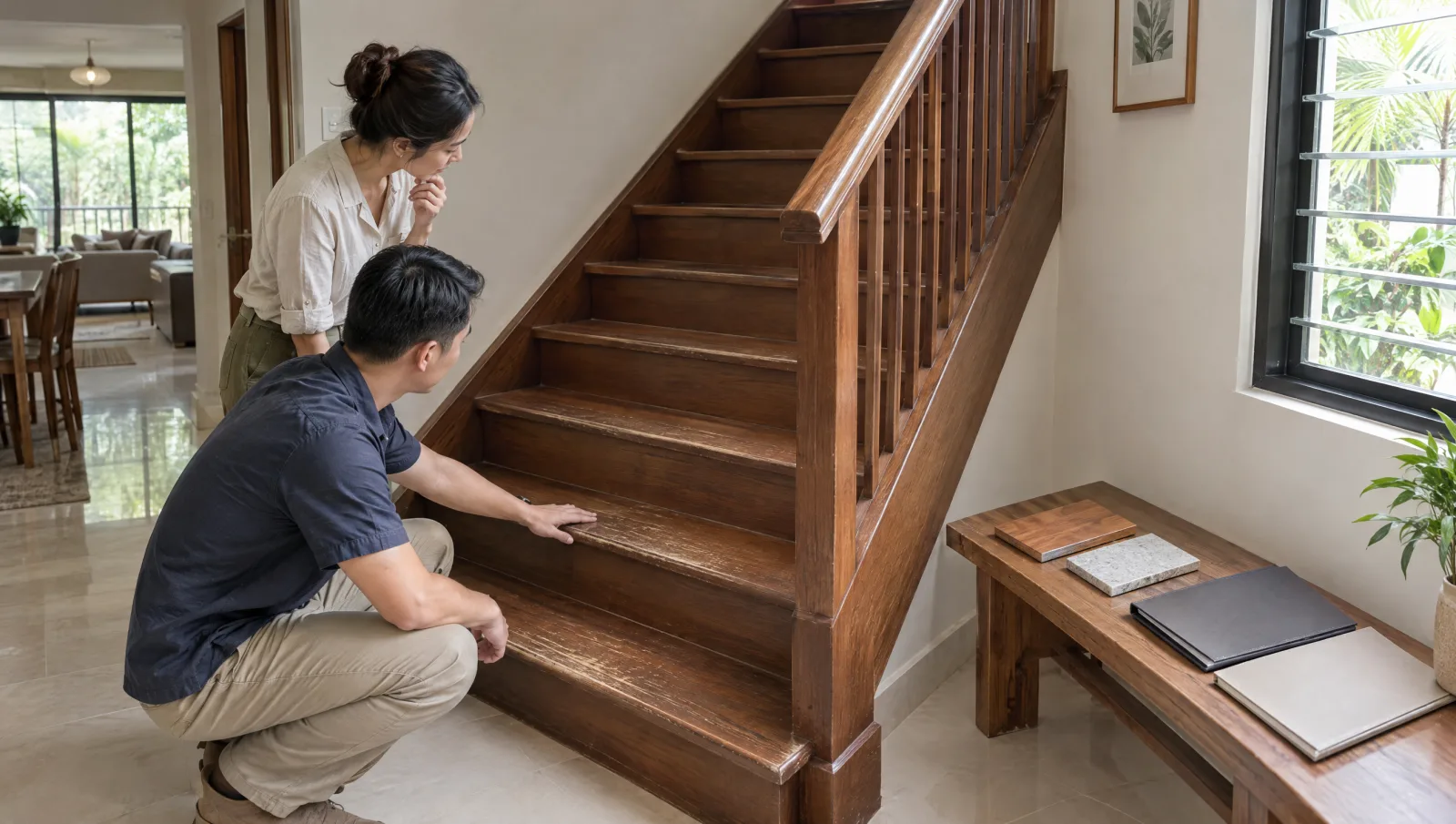 Worn timber staircase beside finish samples and plain quotation folders.