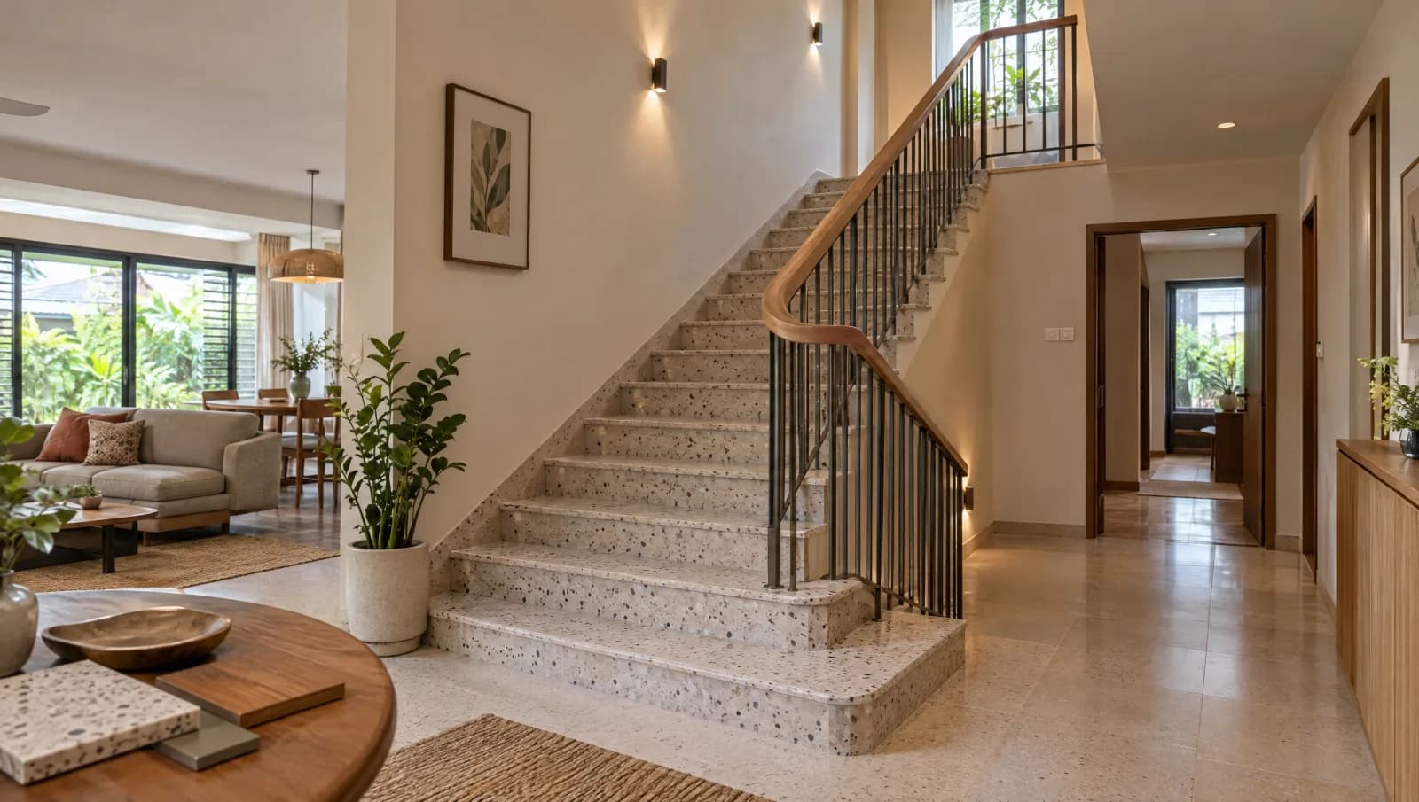 Terrazzo staircase with a timber handrail and metal guarding connecting two landings.