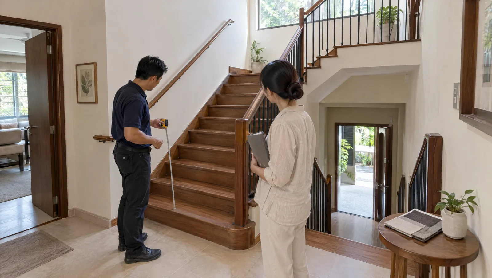 Surveyor reviewing a turning staircase with a homeowner holding a quotation folder.