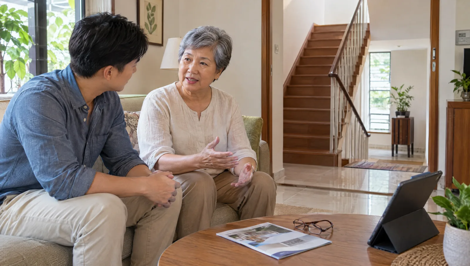 Older parent and adult child discussing mobility beside the home staircase.