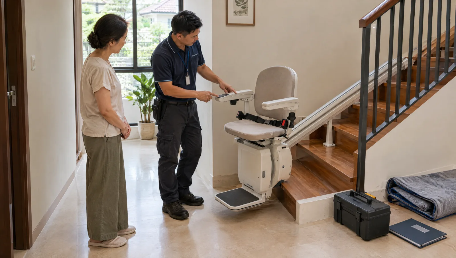 Technician explaining the controls of a stationary stairlift to a homeowner.