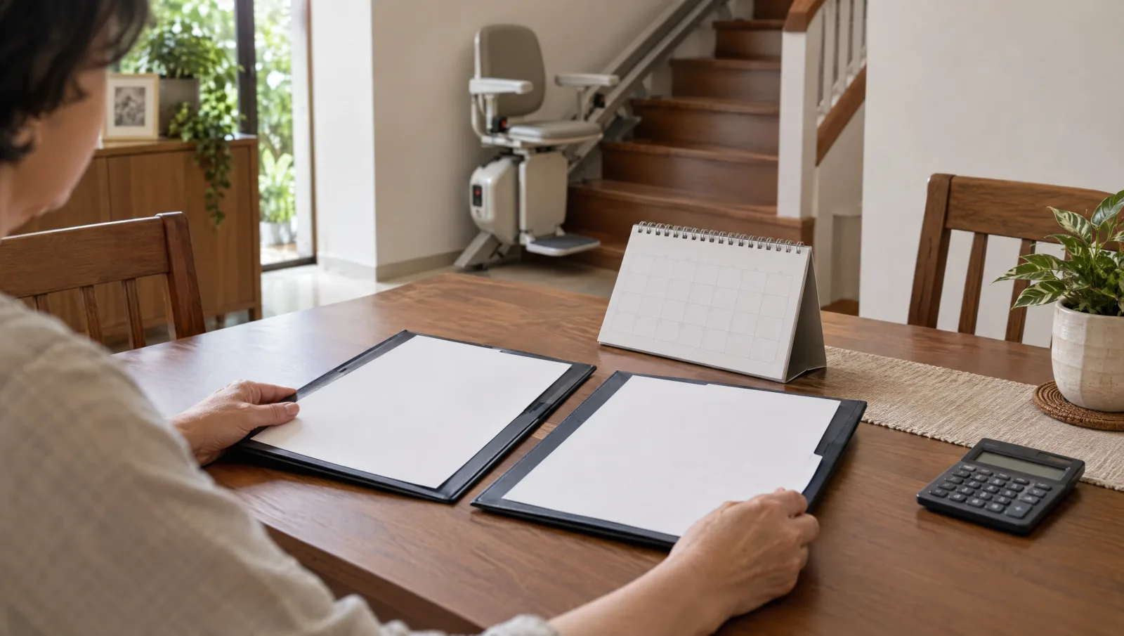 Homeowner comparing plain contract folders with a stairlift visible behind the table.
