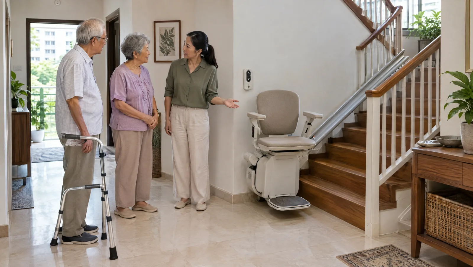 Two older adults discussing one parked stairlift and its landing call control.