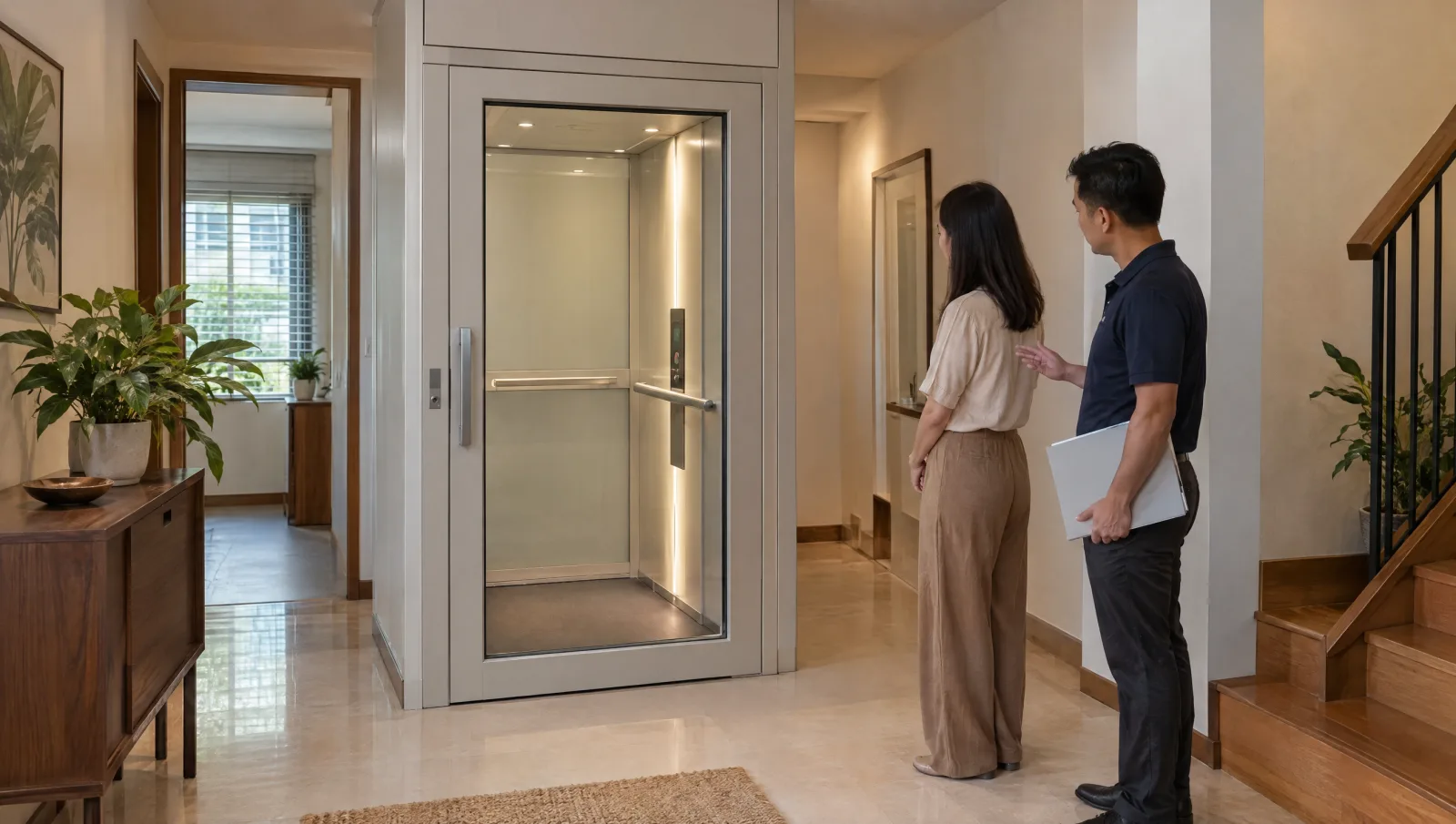 Closed glazed home-lift entrance with a clear floor approach beside the staircase.