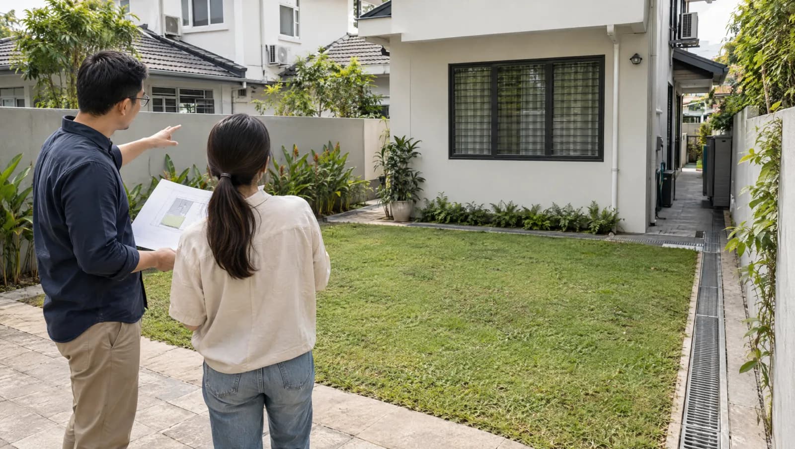 Homeowner and designer surveying an intact rear garden and its side access.