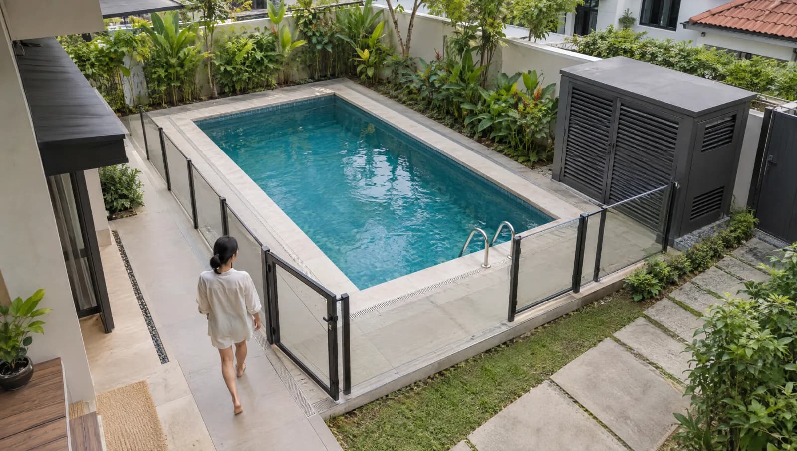 Private garden pool with surrounding deck, access barrier and equipment enclosure.