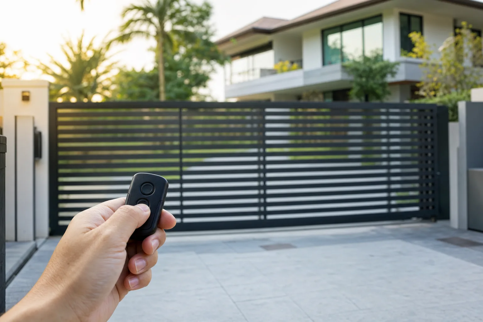 A homeowner pressing an auto gate remote in front of a closed sliding gate at a landed home.