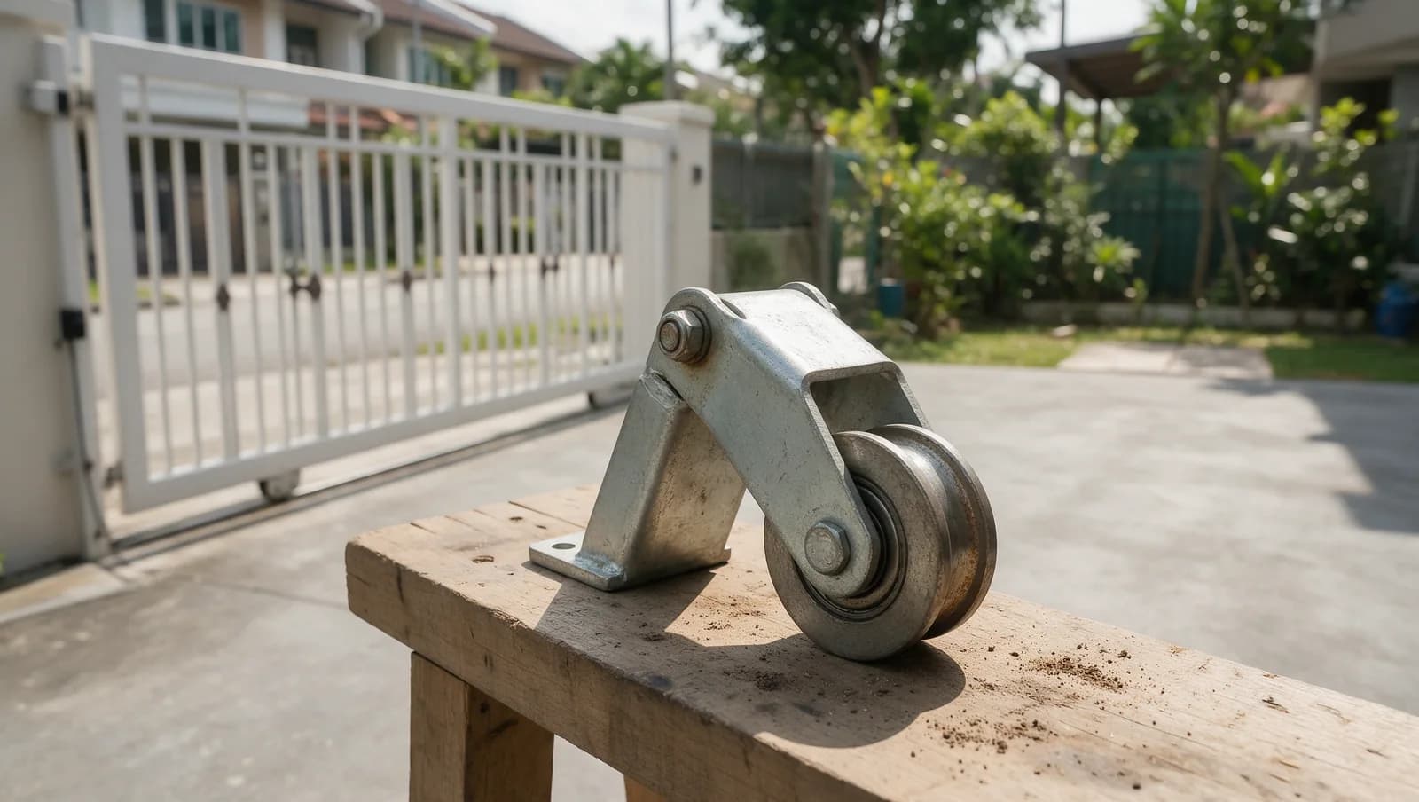 Removed sliding-gate wheel and bracket beside an intact driveway gate