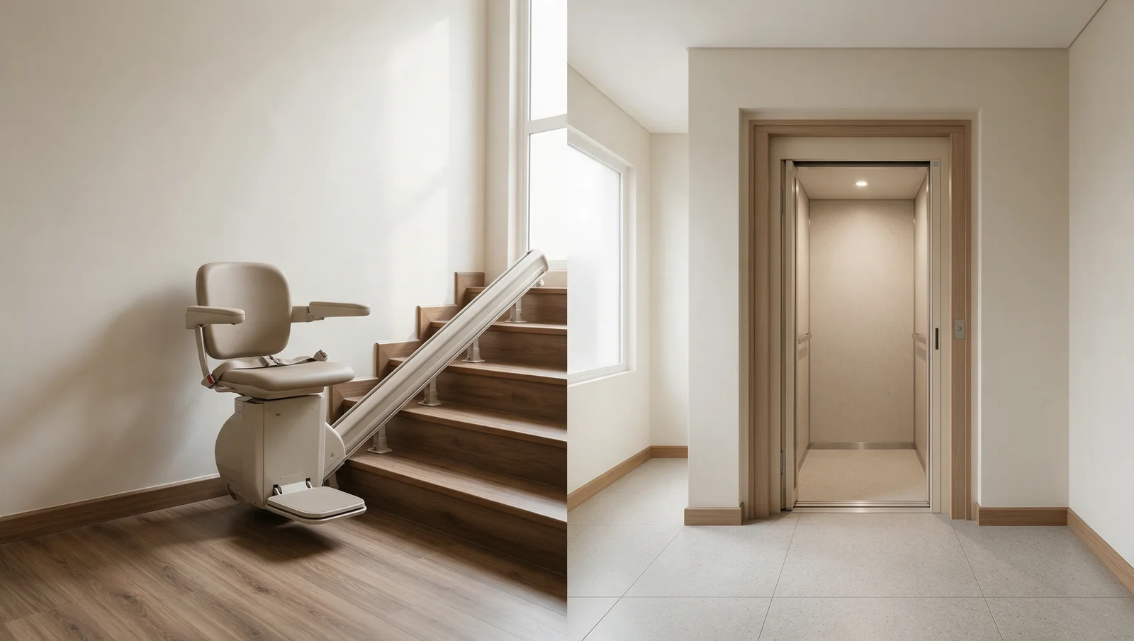 Stairlift chair beside stairs and a separate home lift with a level entrance