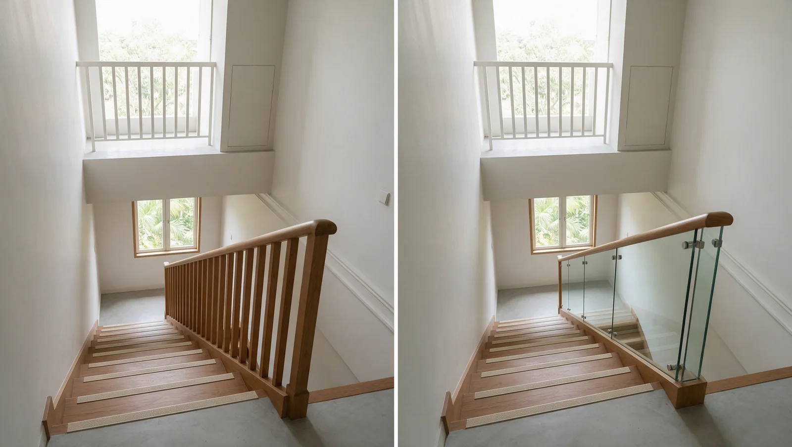 Timber balusters beside a separate glass-panel stair balustrade