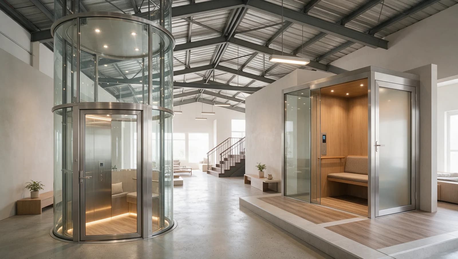 Cylindrical and rectangular lift displays in a showroom.