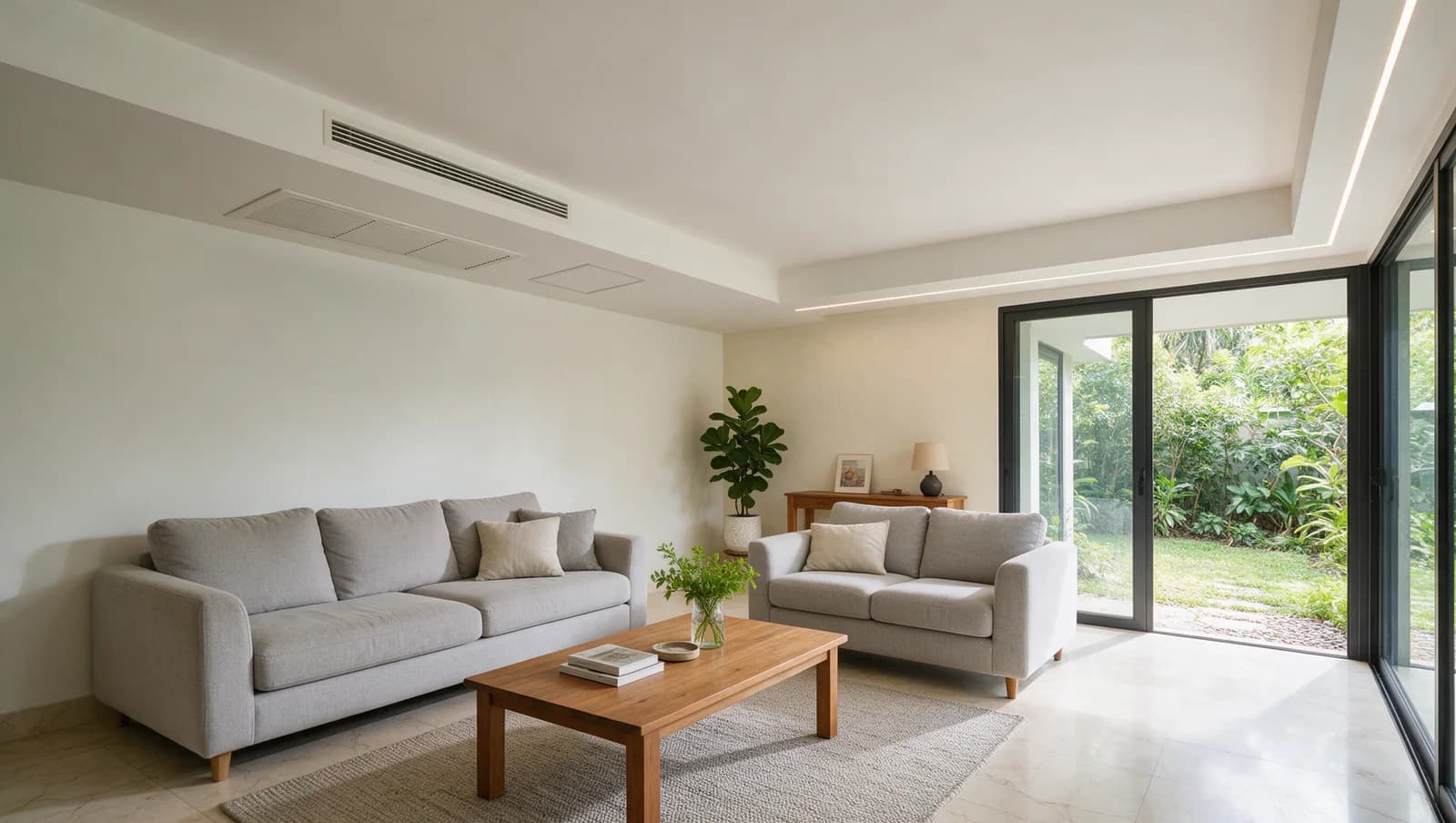 Living room with ducted-aircon grilles and an outlined ceiling access panel.