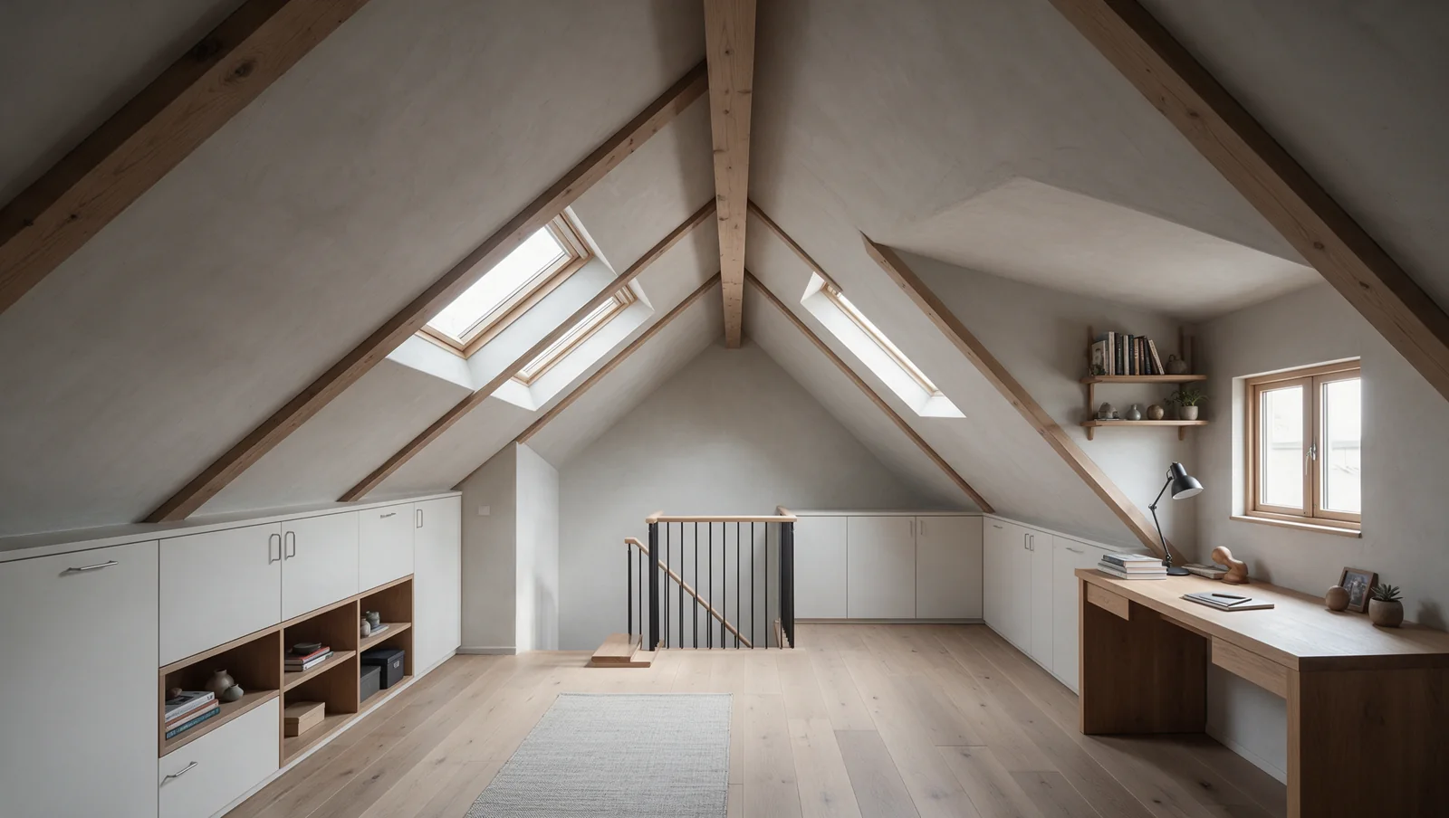 Attic with low-eaves cupboards, a desk and a central stair opening.