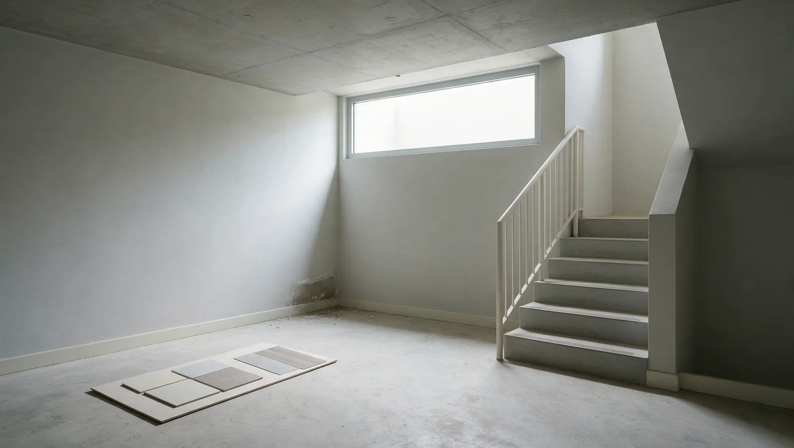 Basement floor samples beside a wall with damaged finish.