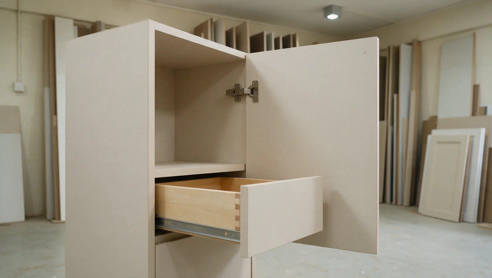 Cabinet sample showing a door hinge, drawer and finished panel edge.