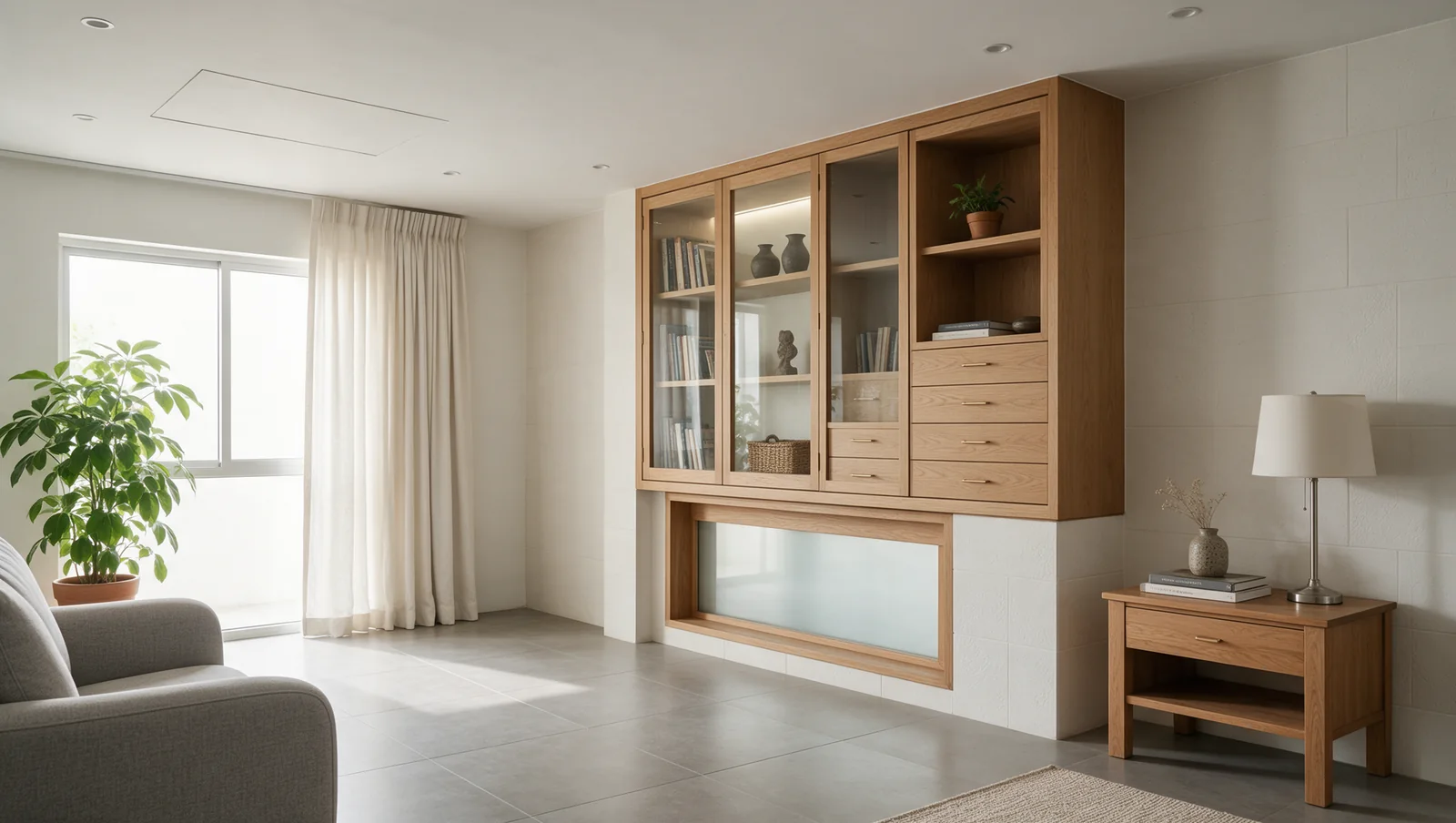 False ceiling above a living room with a flush service hatch and cabinet junction.