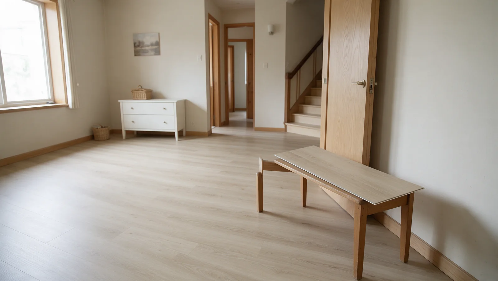 Wood-look plank floor meeting skirting and an open doorway, with samples on a low support.