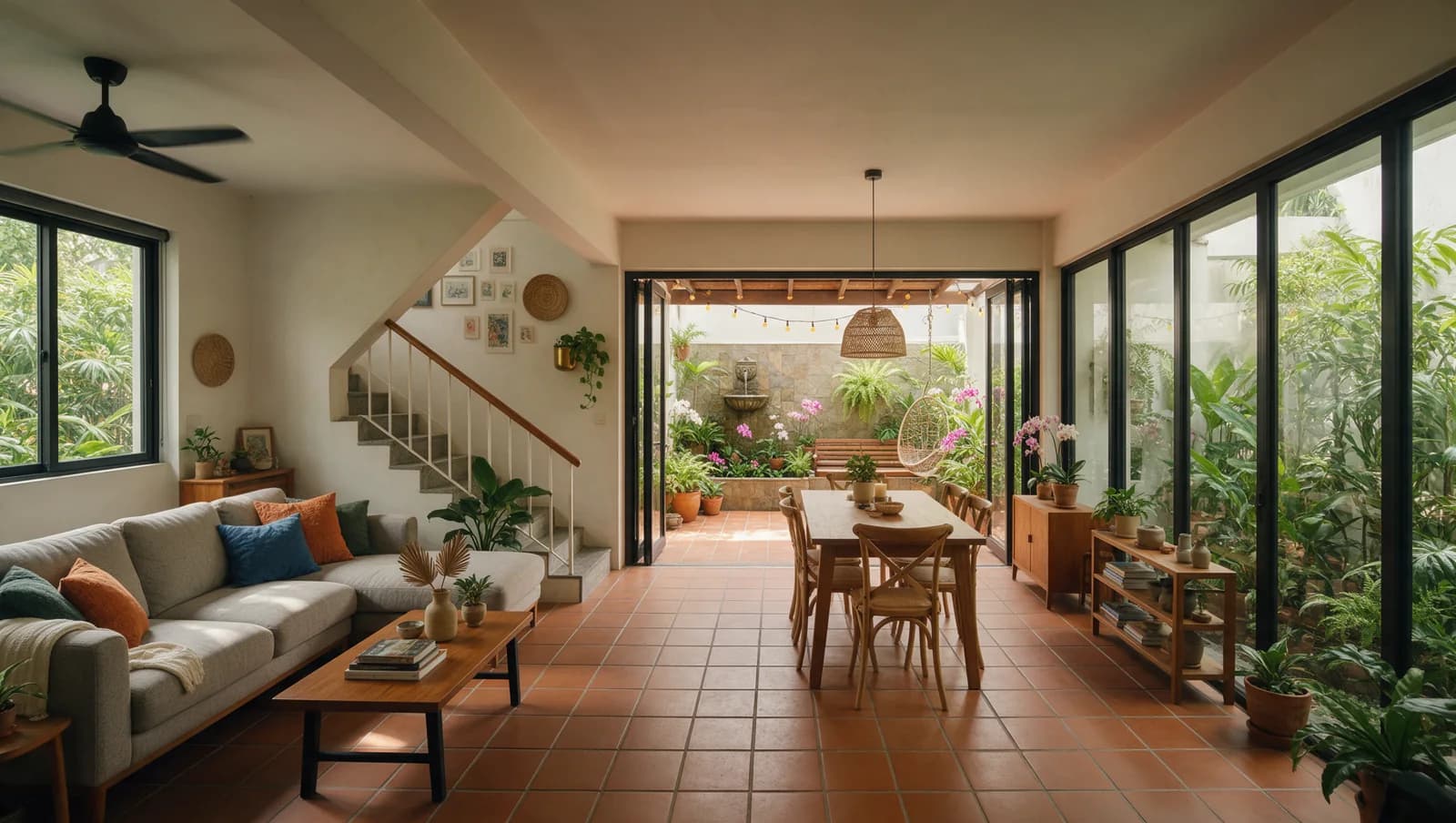 Living and dining area with a clear route towards a rear courtyard.