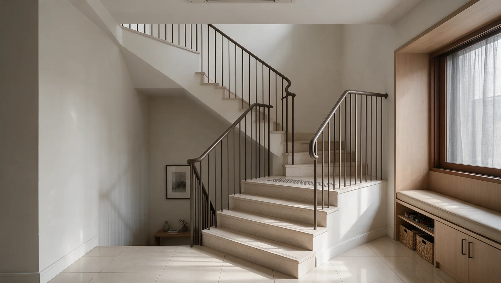 Closed-riser staircase with a clear approach and intermediate landing