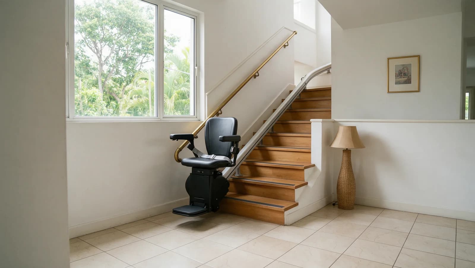 Seated stairlift at the lower landing with its chair, footrest and rail visible.