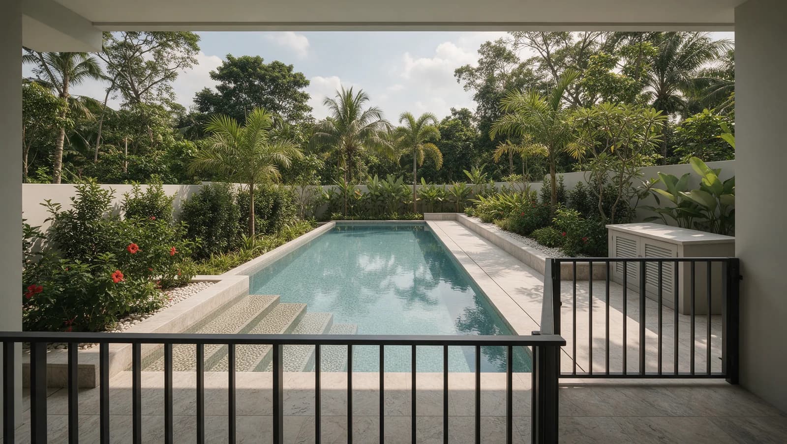 Residential pool with entry steps, a walking route and separate equipment cupboard